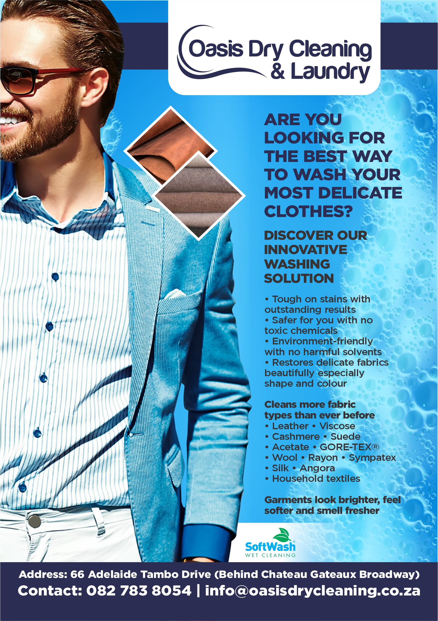 Professional man in clean business attire showcasing our premium dry cleaning services